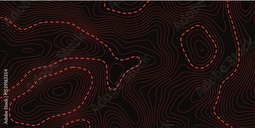 Contour lines. Actual topography map. Dark seamless design, energetic tileable isolines pattern. Vector illustration.
