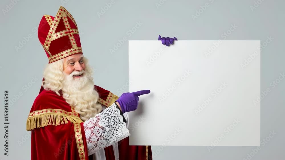 Sinterklaas, Dutch Saint Nicholas dressed in bishops red robe and decorative hat, pointing at blank white papier, placard. Celebration concept for children european party day five december.