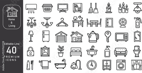 Minimal Monoline Vector Icons of 40 Home and Living Essentials – Modern Black Line Art Illustrations for Interior Design, Smart Home, Furniture, Appliances, and Daily Life in Residential Spaces