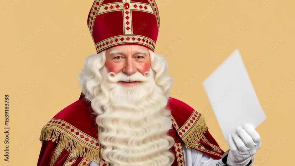 Sinterklaas, Dutch Saint Nicholas dressed in bishops red robe and decorative hat, pointing at blank white papier, placard. Celebration concept for children european party day five december.