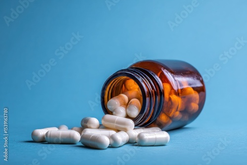 white capsule pills spilling out from an open medicine bottle on a light blue background Generative AI