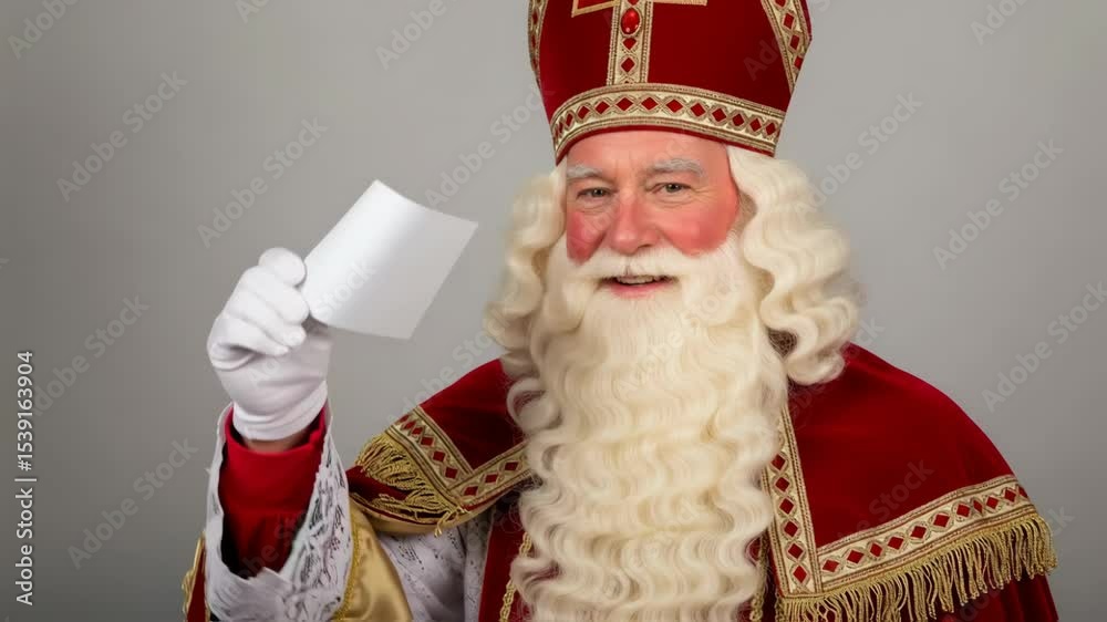 Sinterklaas, Dutch Saint Nicholas dressed in bishops red robe and decorative hat, pointing at blank white papier, placard. Celebration concept for children european party day five december.
