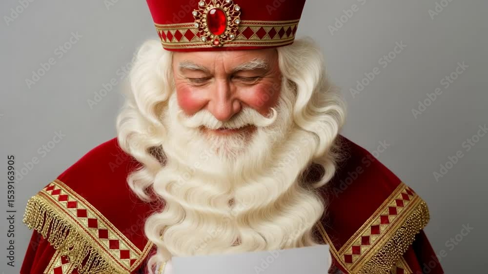Sinterklaas, Dutch Saint Nicholas dressed in bishops red robe and decorative hat, pointing at blank white papier, placard. Celebration concept for children european party day five december.