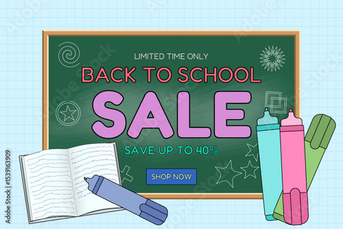 Back to school sale banner with green chalkboard, markers, open notebook and discount message on grid background. For seasonal promotion, shopping advertisement, online store, and marketing material.