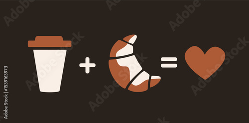 Takeaway coffee cup and croissant icon with heart symbol on dark background. Flat vector illustration.
