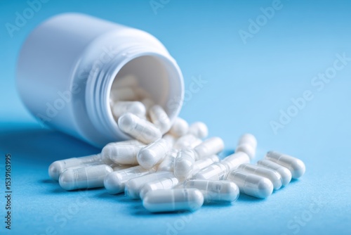 White supplement bottle with white capsule pills spilling out on a light blue background Generative AI