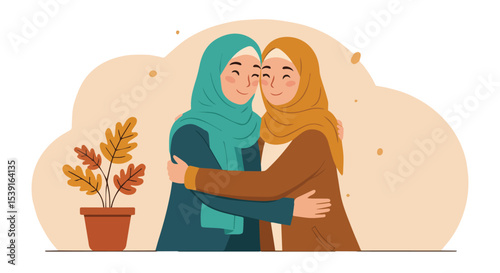 Two Muslim women hugging each other in friendship and unity