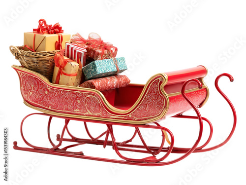 A festive red christmas sleigh filled with wrapped gifts and a basket on a white or transparent background scene