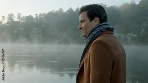 Slow motion portrait of a man standing by a foggy lake at dawn.  

