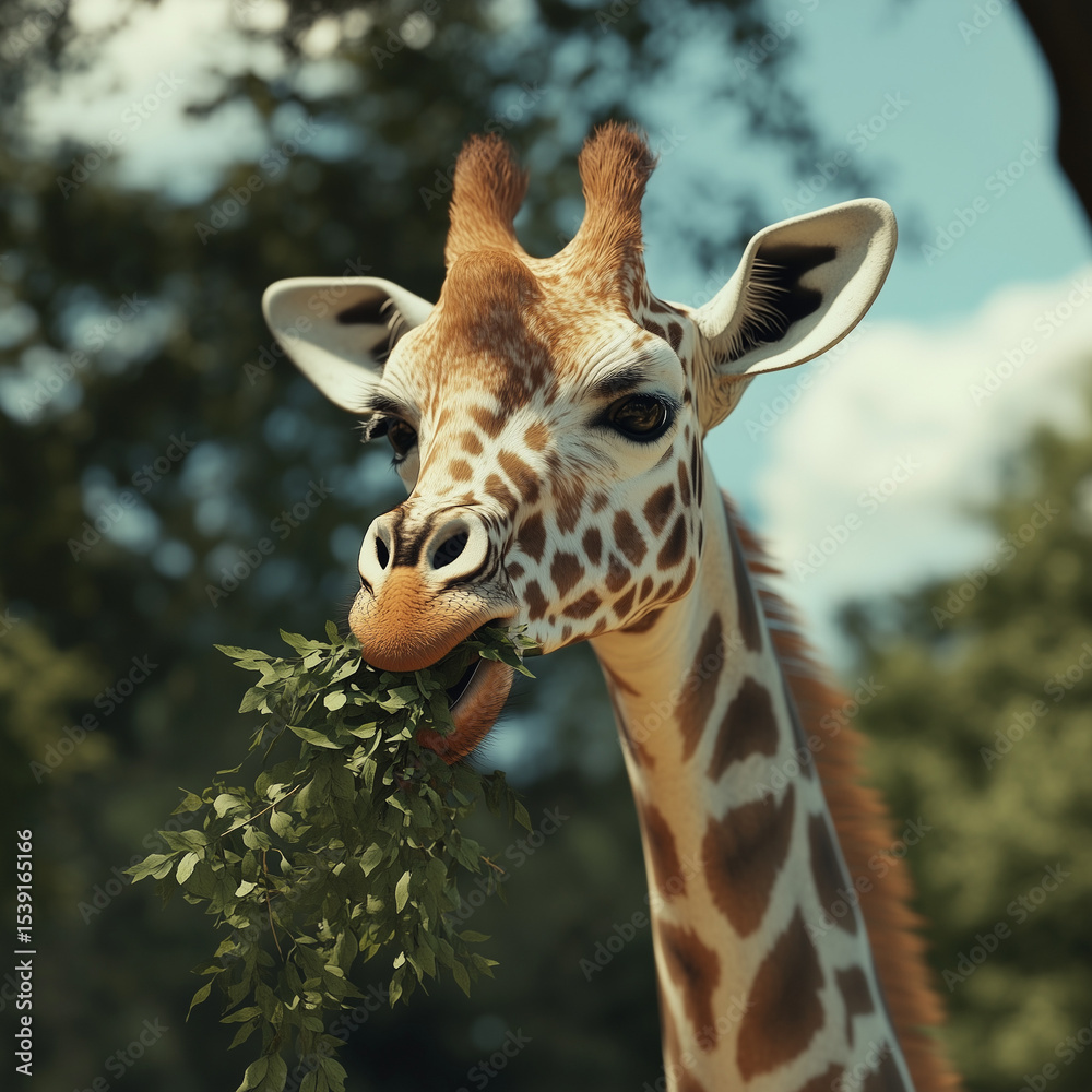 Obraz premium A giraffe eating leaves.