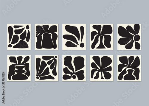 This artwork features minimalist botanical prints, each showcasing a unique stylized leaf or flower in a striking black and white color palette. The design is perfect for modern home decor.