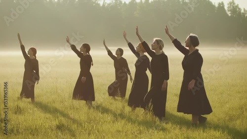 Group of women in long black dresses walking through a misty field at sunrise, one raising her hand in a gesture of blessing or prayer.  
