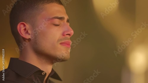 Emotional portrait of a young European man on the verge of tears, showing deep sorrow and distress.  
