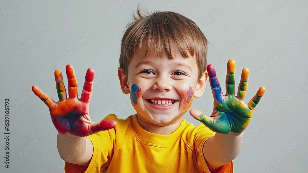 Enfant qui montre ses mains rempli de peinture, il rigole, et pivote sur un fond gris 