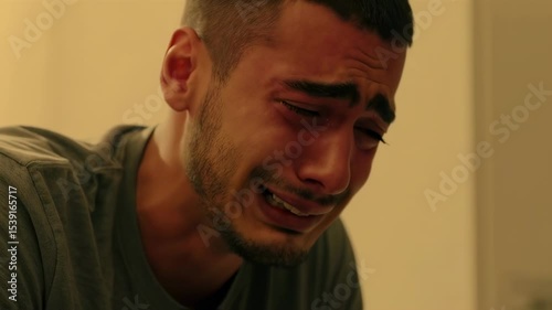 Portrait of a young European man crying with visible tears, expressing deep emotional pain.  
