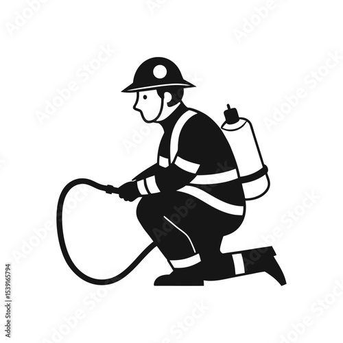 Fireman Kneeling in Line Style on White Background  