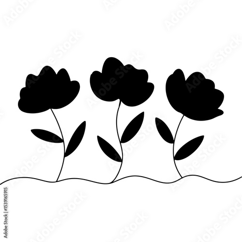 Floral Silhouette Grounded. A strong floral silhouette design with three solid flowers growing from the ground line. Ideal for bold prints and decor.