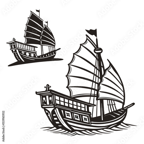 Monochrome Depiction of Junk Ships Navigating the Waters Symbolizing Tradition Maritime Heritage and Exploration on White Background Detailed Line Art