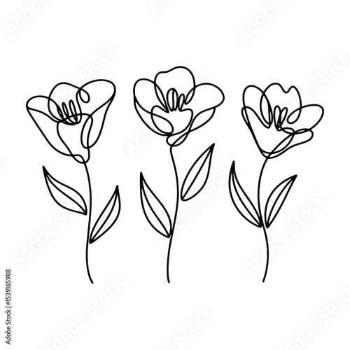 Bold Botanical Trio. A vivid floral composition with thick lines and expressive petal structures. Ideal for impactful nature-inspired designs.