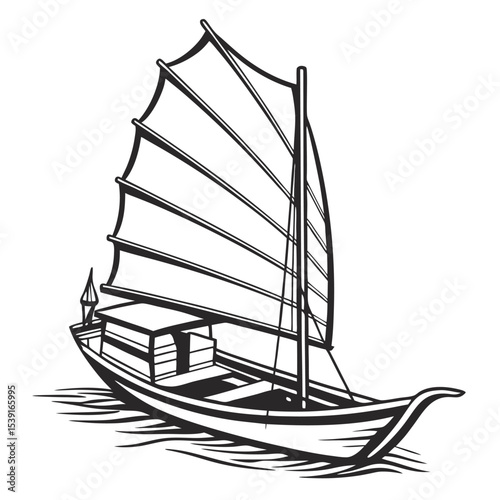 Monochrome Junk Boat Illustration Traditional Asian Sailing Vessel on Water with Distinctive Sails and Detailed Hull Design Black and White Drawing
