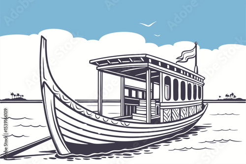 Kerala Houseboat in Backwaters a Serene Escape Depicted in Line Art