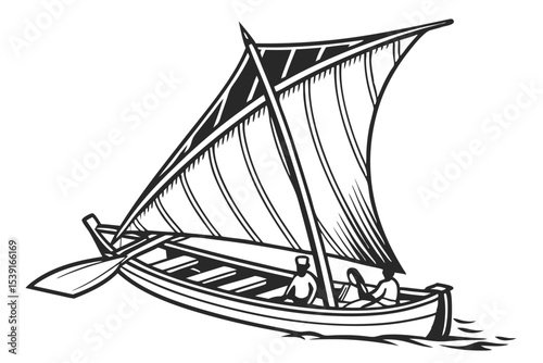 Monochromatic Illustration of a Traditional Boat with a Sail, Paddles, and Three Figures Navigating Waters with Ripples