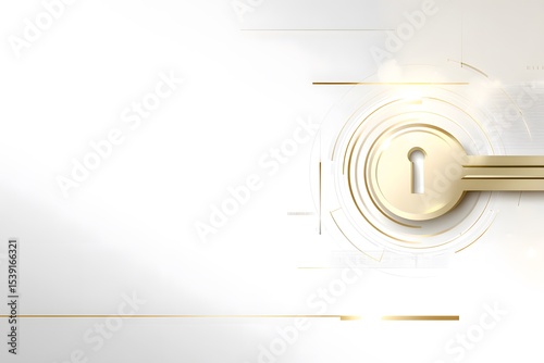 Elegant abstract background with a golden key and lock symbol on a clean white backdrop, enhanced by futuristic lines. Represents digital security, access, solutions, and premium protection.