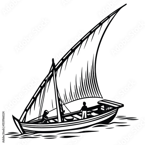 Monochromatic Illustration of a Traditional Dhow Sailing Boat with Figures on Wavy Water and a Large Triangular Sail