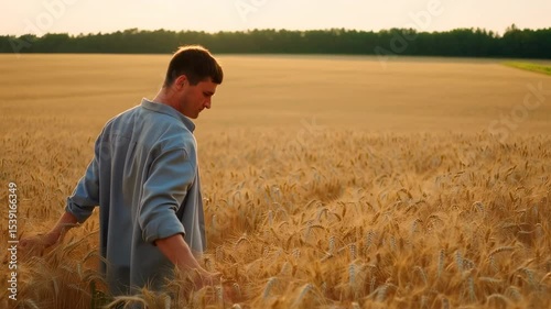 Slow motion shot following a man in a light blue shirt walking through a wheat field, gently touching the grain with his hands.  
