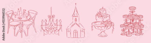 Hand drawn ink wedding venue icons. Romantic church, chandelier, table setting, cake, champagne tower for love story design, party menus, whimsical celebration cards.