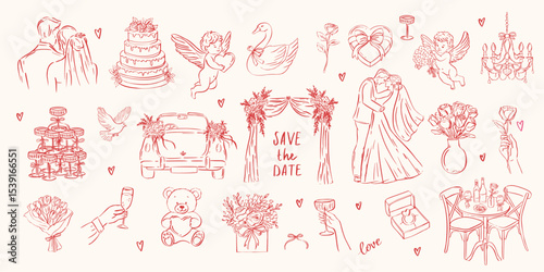 Hand drawn ink love and wedding symbols. Couple, hearts, flowers, teddy, angels, cake for romantic cards, decor, invites. French-inspired whimsical line art.
