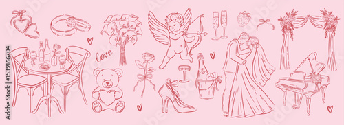 Hand drawn ink wedding romance doodles. Cupid, bouquet, champagne, high heels, piano, couple kiss for romantic love cards, decor, party prints. Whimsical pink sketch style.