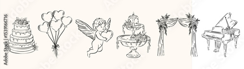 Hand drawn ink wedding celebration elements. Love balloons, couple cake, cupid, floral arch, piano for romantic whimsical stationery, ceremony decor, bridal branding.