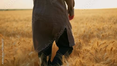 Slow motion shot following a man in rugged clothing walking through a wheat field, showing legs, torso, and hands.  
