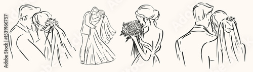 Hand drawn ink bride and groom poses. Wedding couple, bouquet, kiss, love for invitations, stationery, romantic branding. Minimal romantic sketch line art.