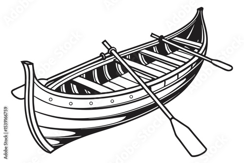 Monochromatic Image Depicting a Classic Rowboat with Oars Resting Inside an Elegant Vessel Design on a White Backdrop