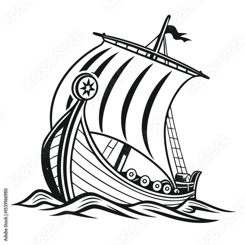 Monochrome Viking Ship Illustration a Seafaring Vessel Navigating the Waves a Timeless Nautical Scene in Black and White