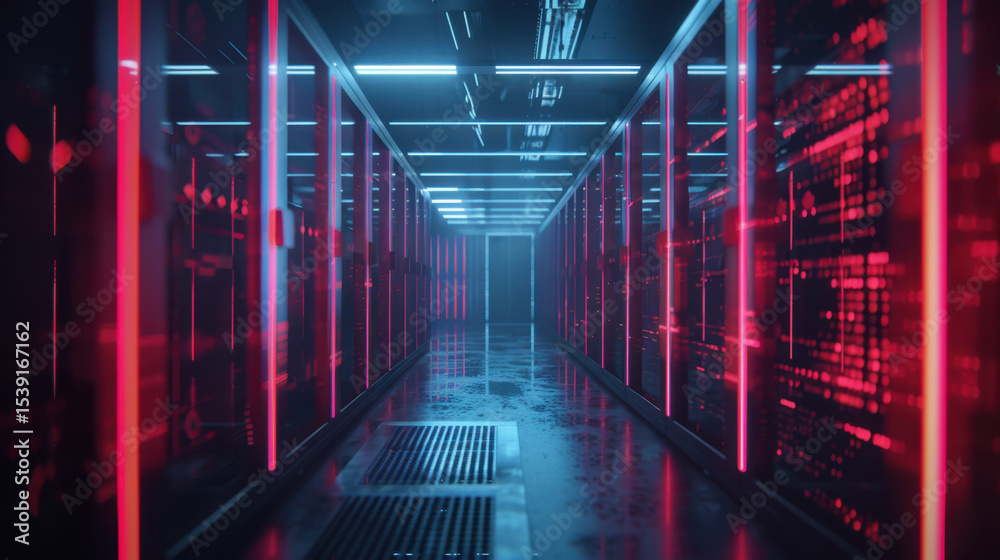 Fototapeta premium Futuristic data center corridor illuminated by vibrant red and blue lights, showcasing advanced technology and digital data flow