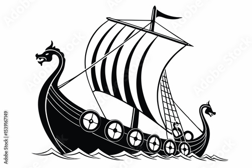 Intricate Black and White Viking Longship Illustration Majestic Vessel with Dragon Head Prow Sailing on a White Background