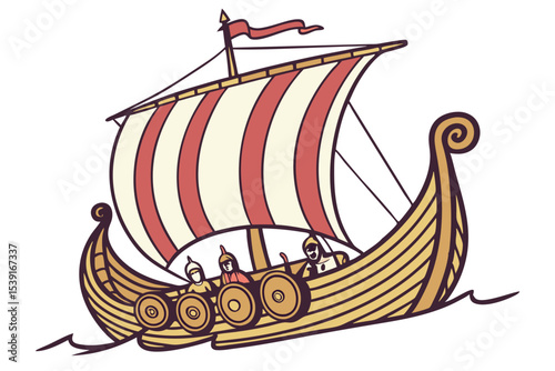 Whimsical Viking Ship Illustration Sailing with Crew Shields and Striped Sail on White Background Nautical History and Exploration