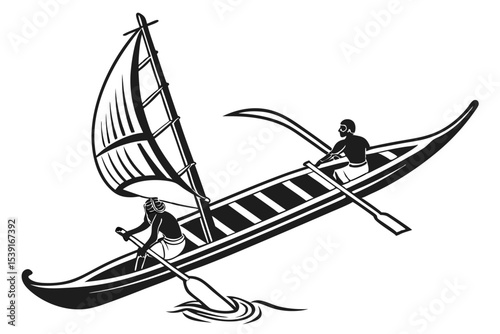 Monochromatic Illustration of Two People Sailing and Rowing a Boat, Emphasizing Traditional Watercraft and Cultural Heritage, with Strong Lines and Contrast