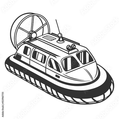 Monochrome Hovercraft Illustration A Detailed Depiction of Maritime Technology and Engineering Design in Striking Black and White