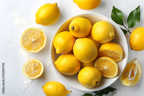 A bowl of bright yellow lemons, some sliced, rests on a white background, surrounded by more lemons and vibrant green leaves