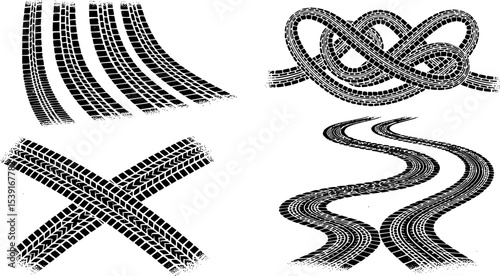 Tire tracks after skidding, launch, drift, powerslide in motorsport, rally, off-road, motocross. Wheel texture with splash effect. Vector, EPS 10 version.