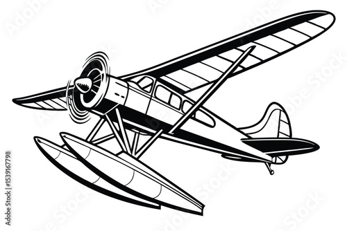 Vintage Seaplane Illustration Striking Black and White Depiction of a Classic Aircraft Ready for Aquatic Adventures a Nostalgic Journey