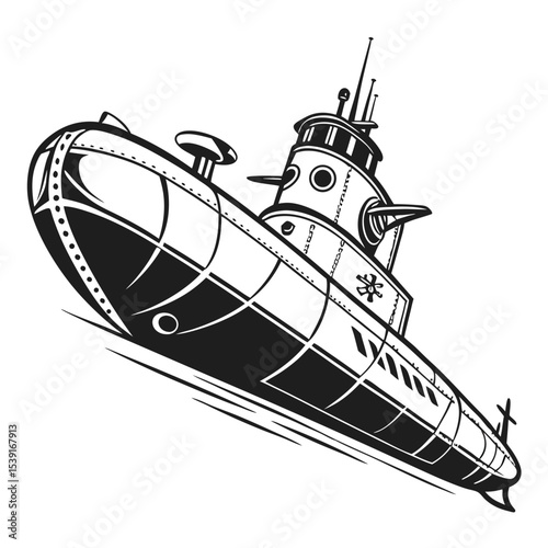 Vintage Submarine Illustration Powerful Vessel in Deep Waters Diving into the Abyss Black and White Maritime Art