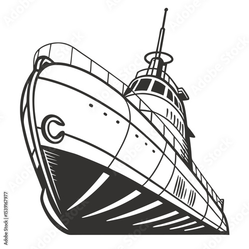 Monochromatic Submarine Illustration A Vintage Style Maritime Vessel with Detailed Line Work and Strong Shadows for Graphic Use