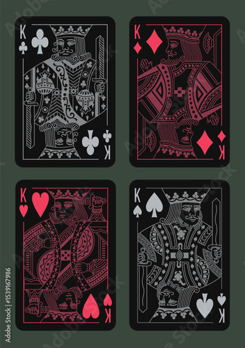 King Spades, Hearts, Diamonds, Clubs suits. Vector playing poker cards.