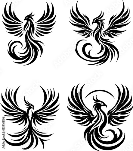 set of fierce black and white phoenix with sharp lines and spread wings, perfect for tattoos or fantasy art.
