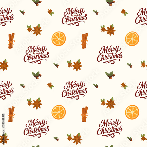 seamless pattern for christmas with star anise, cinnamon, clove and orange